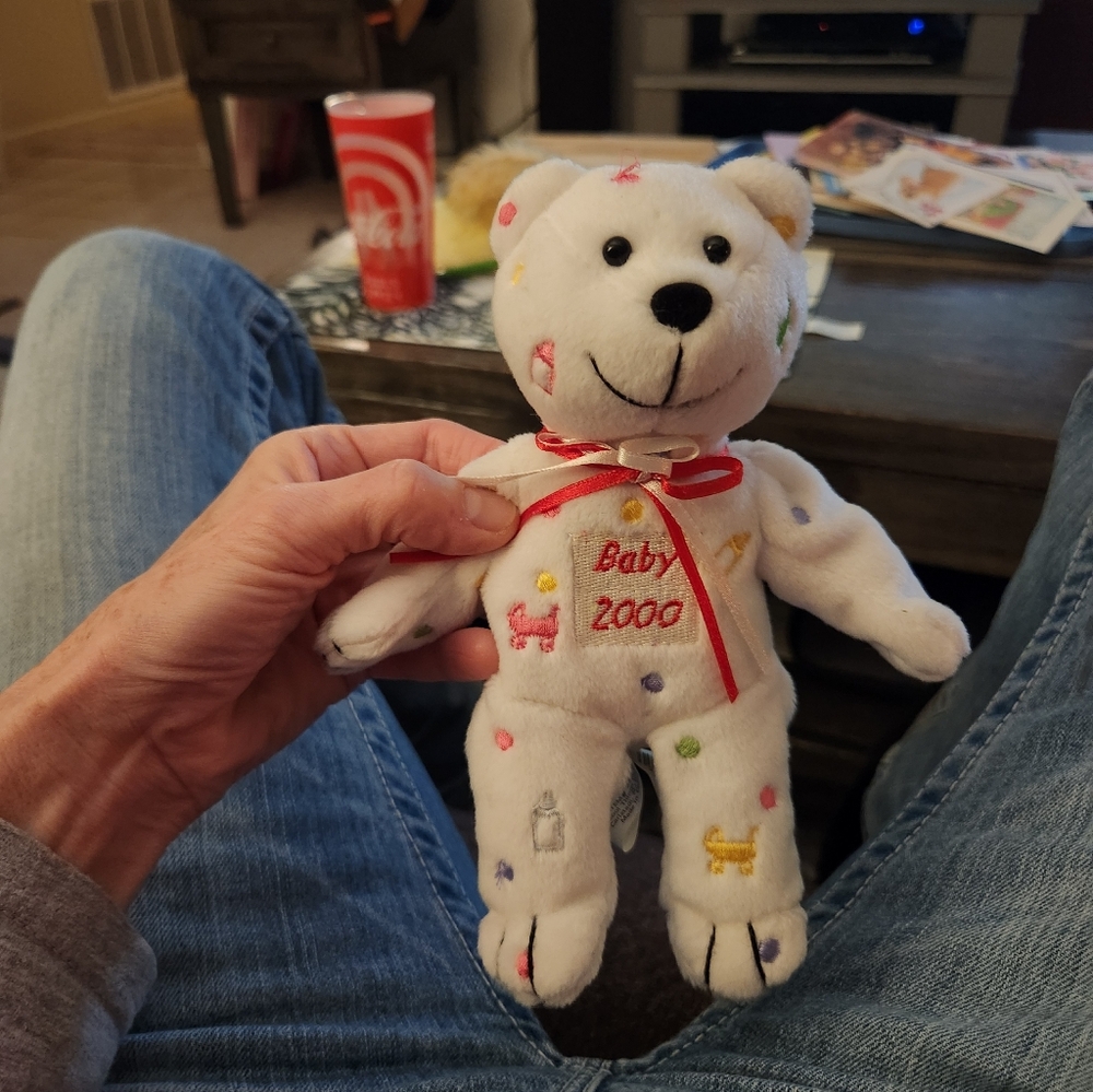 Ty White Stuffed Animal with Red Ribbon